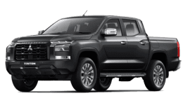 Mitsubishi Triton terbaru warna hitam tampak samping depan, double cabin dengan desain grille besar dan lampu LED modern hitam 2026